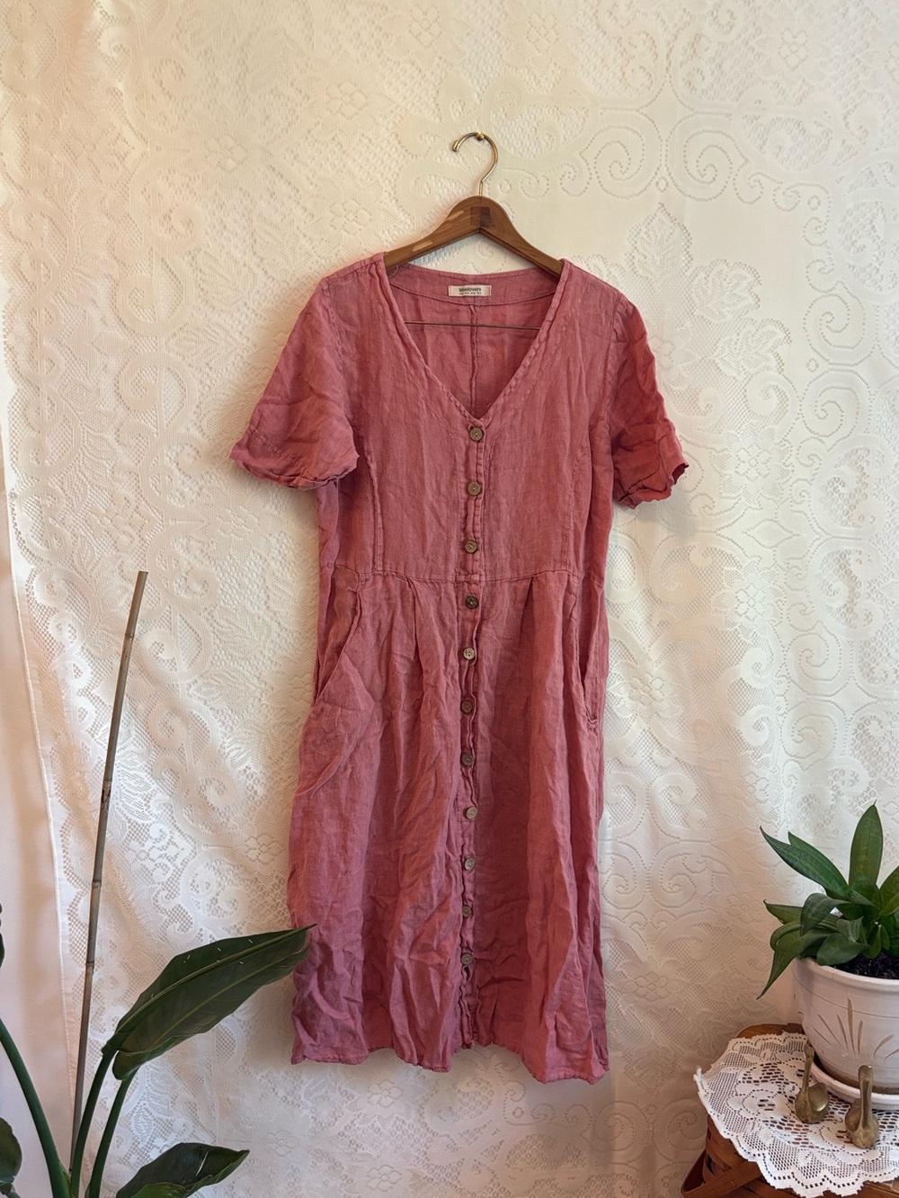 woolovers dusty rose linen midi dress